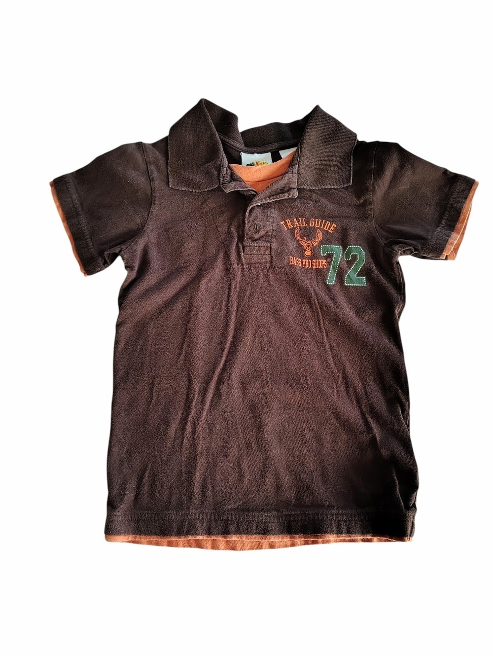 Bass Pro Shops 100% Cotton Outdoor Trail Guide Brown Orange Polo Size Small Boys